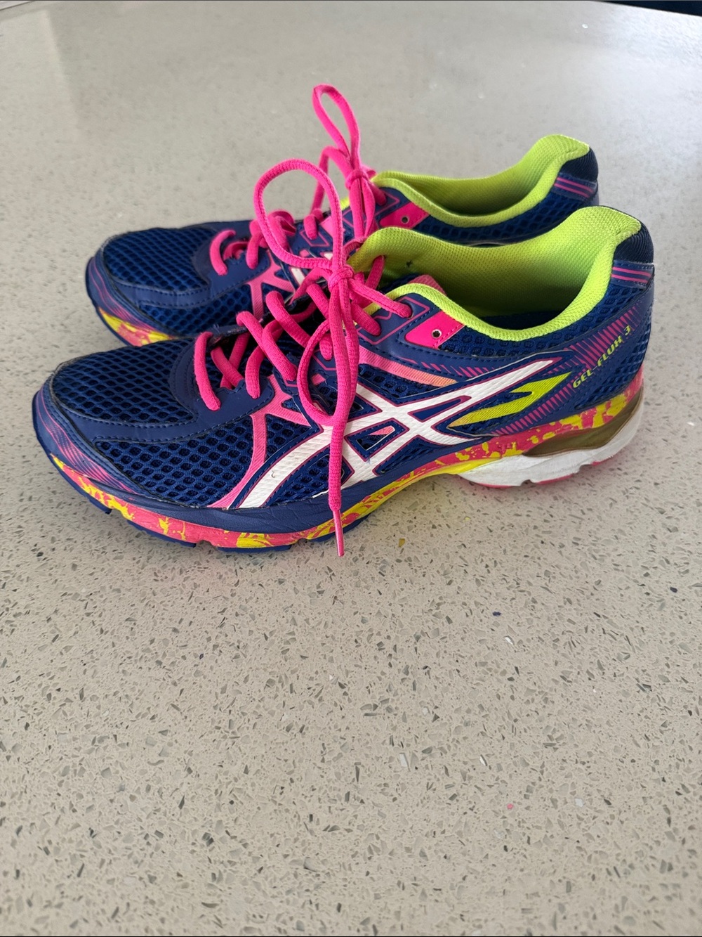 ASICS Navy Running Shoes with Pink & Neon Yellow Accents